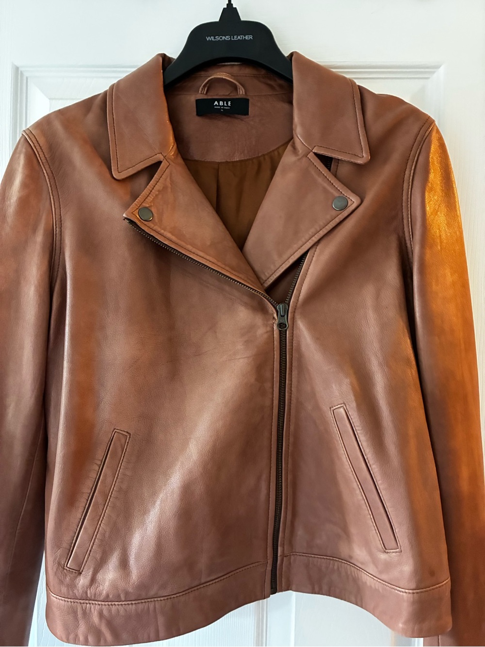 ABLE Cognac Brown Leather Zip-Front Moto Jacket